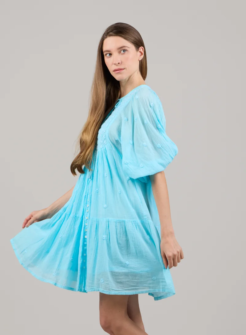 Just Nature bright turquoise Colours of Nature Baloon Sleeve Embroidered Mini Dress for Women | Best Price UAE